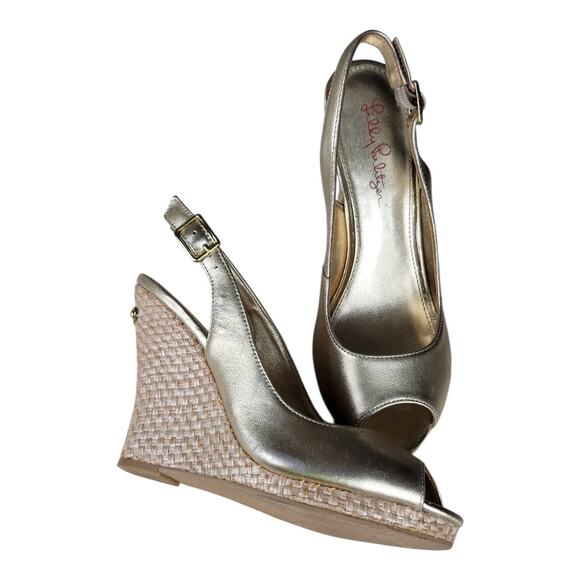 Lilly Pulitzer Kristen Gold Metallic Peep Toe Sling Back Wedge Sandals Sz 7 - Picture 7 of 11
